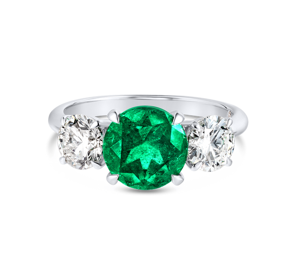 2.50ct Round Natural Green Emerald Trilogy Ring White Gold