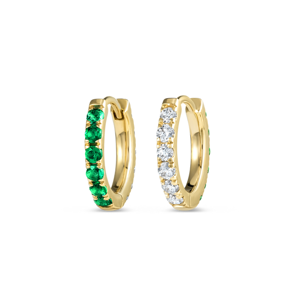 Small Lab-Grown Diamond & Emerald Huggie Earrings Yellow Gold