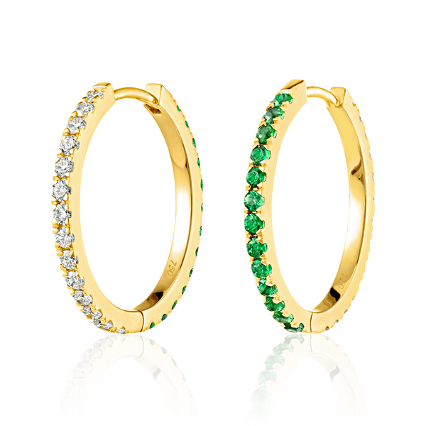 Medium Lab-Grown Diamond & Emerald Hoop Earrings Yellow Gold