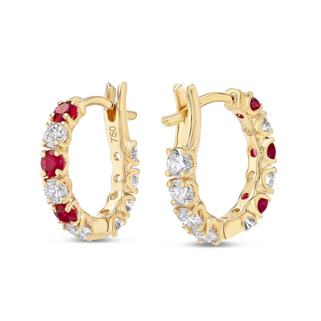 Mini Diamond & Ruby Hoop Earrings Yellow Gold