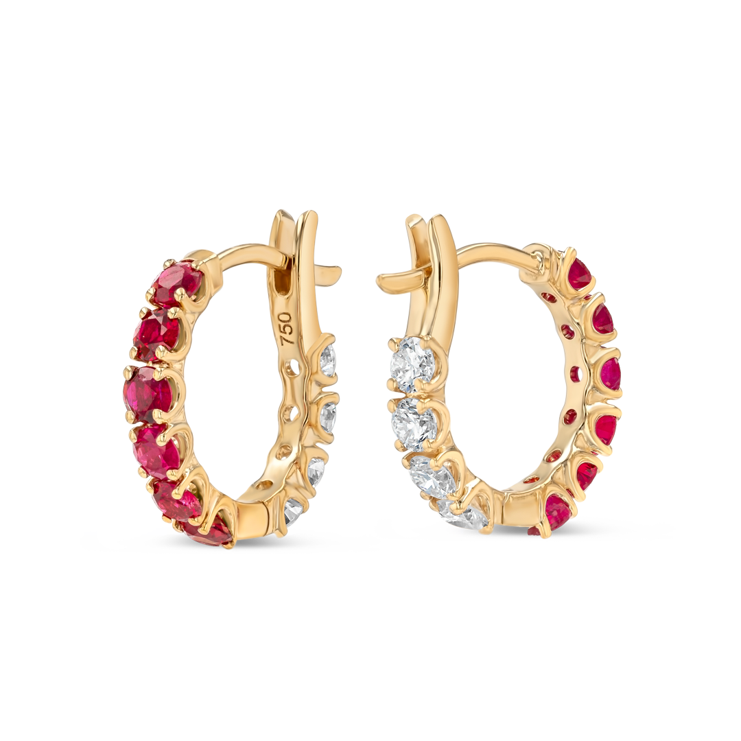 Mini Ruby Hoop Earrings Yellow Gold