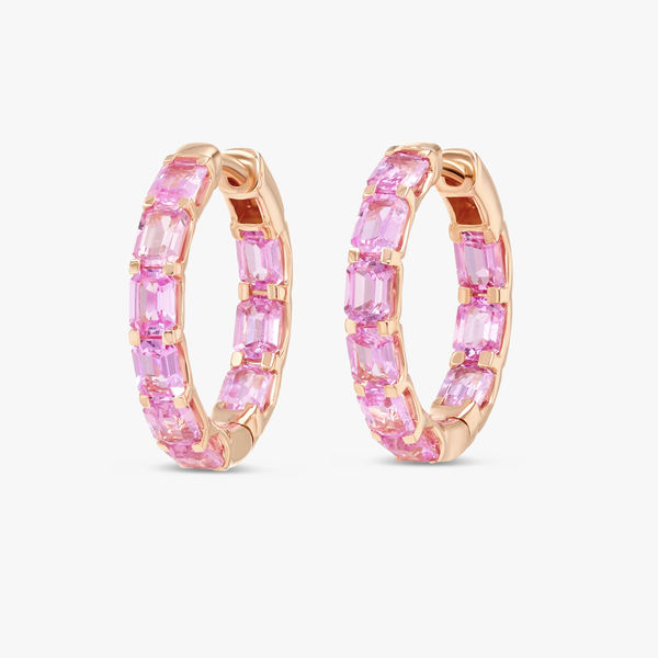 Emerald Cut Ceylon Pink Sapphire Hoop Earrings Yellow Gold