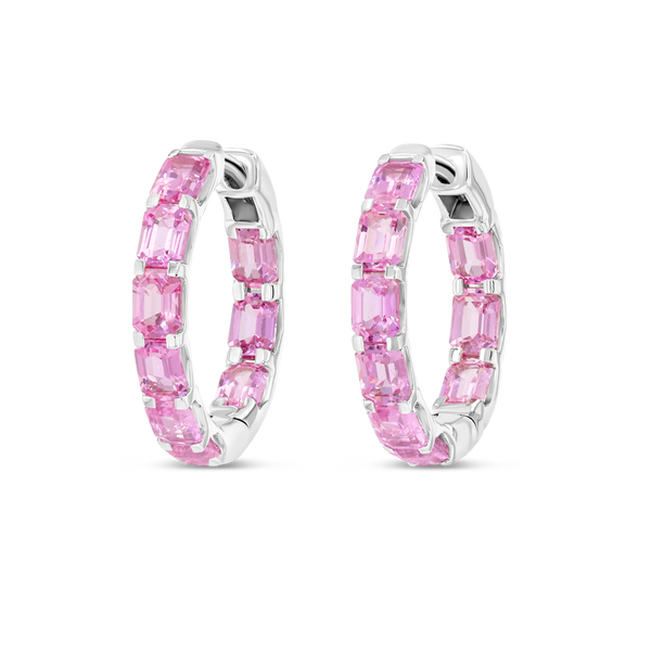 Emerald Cut Ceylon Pink Sapphire Hoop Earrings White Gold