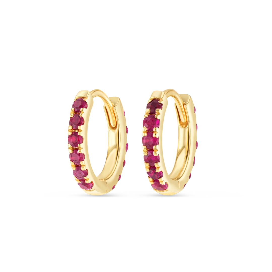 SMALL RUBY HUGGIE EARRINGS YELLOW GOLD
