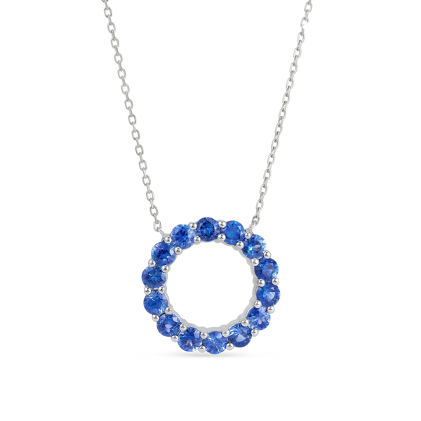 Large Blue Sapphire Circle Pendant White Gold