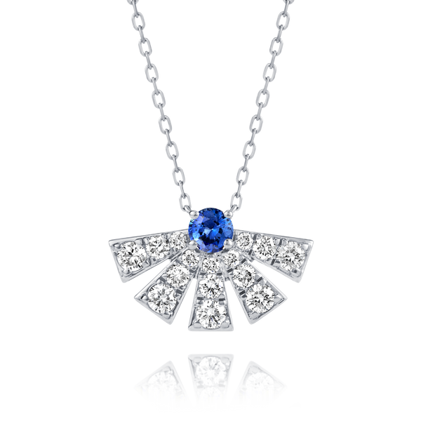 Half Sunrise Diamond And Blue Sapphire Pendant White Gold
