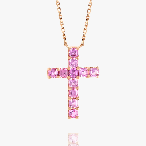 Thin Asscher Pink Sapphire Cross Pendant Rose Gold