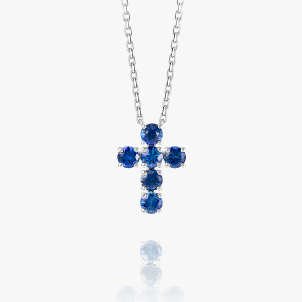 Large Blue Sapphire Cross Pendant White Gold