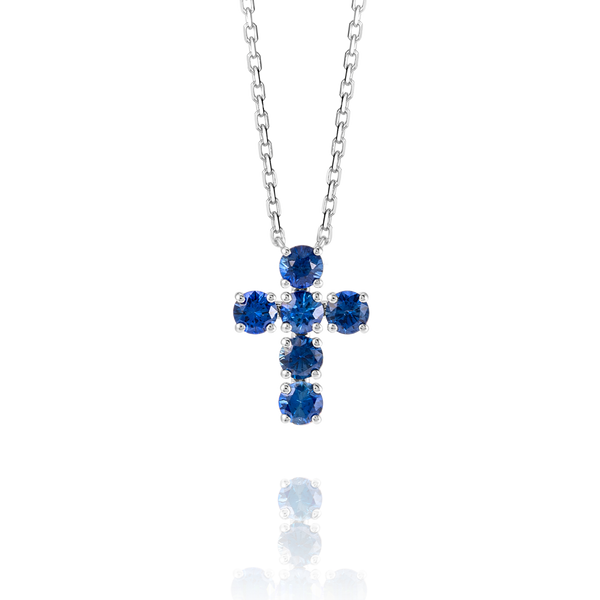 Large Blue Sapphire Cross Pendant White Gold