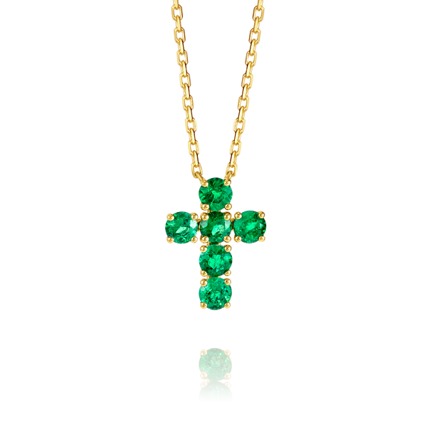 Large Green Emerald Cross Pendant Yellow Gold