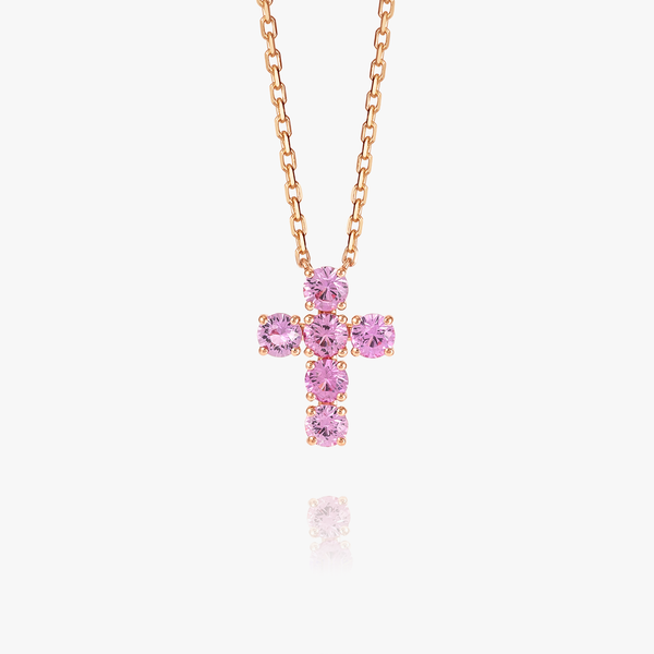 Large Pink Sapphire Cross Pendant Rose Gold
