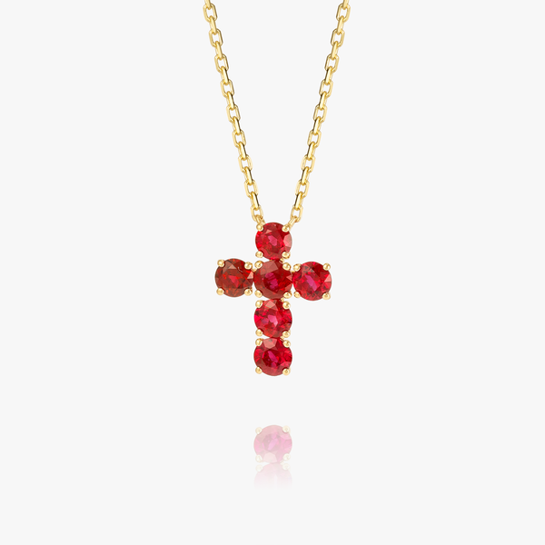 Large Red Ruby Cross Pendant Yellow Gold