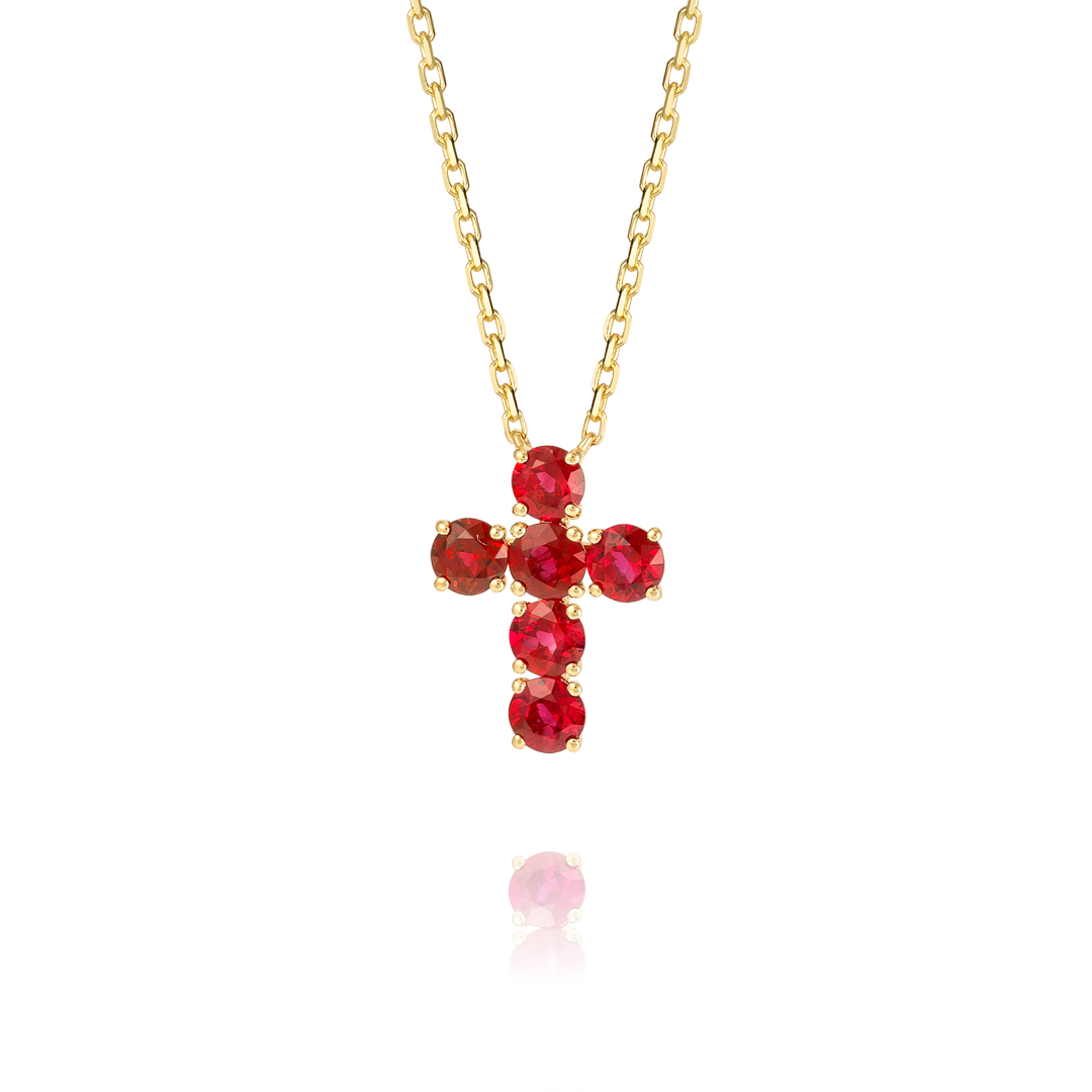 Large Red Ruby Cross Pendant Yellow Gold