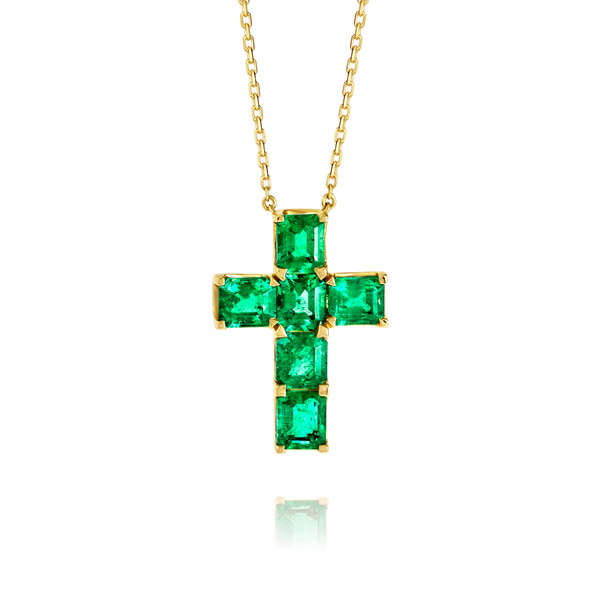Medium Emerald Cut Green Emerald Cross Pendant White Gold