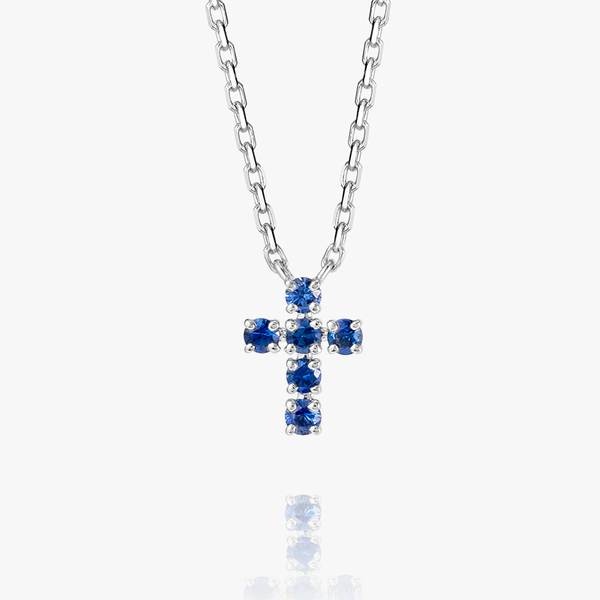 Extra Small Blue Sapphire Cross Pendant White Gold