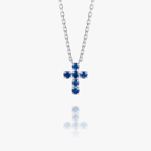 Small Blue Sapphire Cross Pendant White Gold