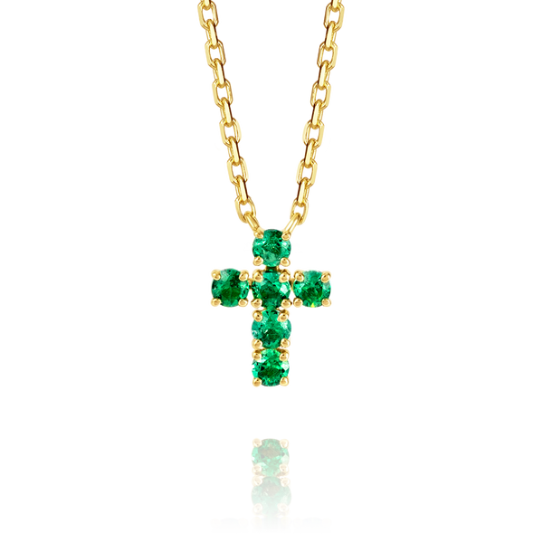 Small Green Emerald Cross Pendant Yellow Gold