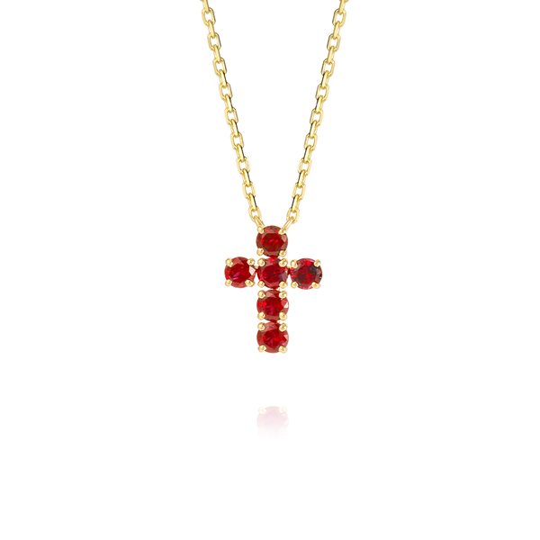 Medium Red Ruby Cross Pendant Yellow Gold