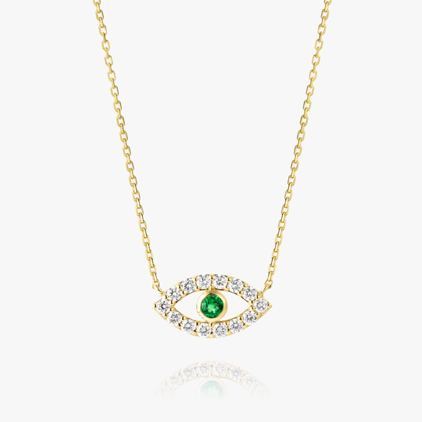 Round Evil Eye Green Emerald Pendant Yellow Gold