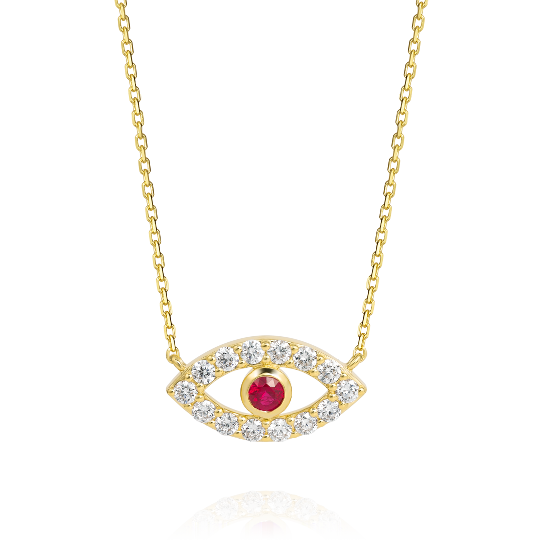 Round Evil Eye Red Ruby Pendant Yellow Gold