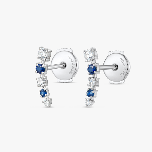 Half Moon Lab-Grown Diamond & Blue Sapphire Bar Earrings White Gold