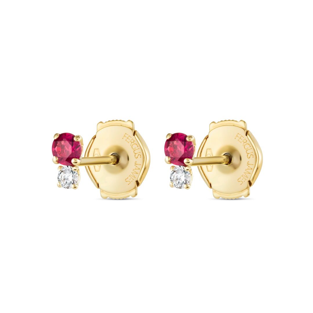 Mini Duo Deep Red Ruby And Diamond Earrings Yellow Gold