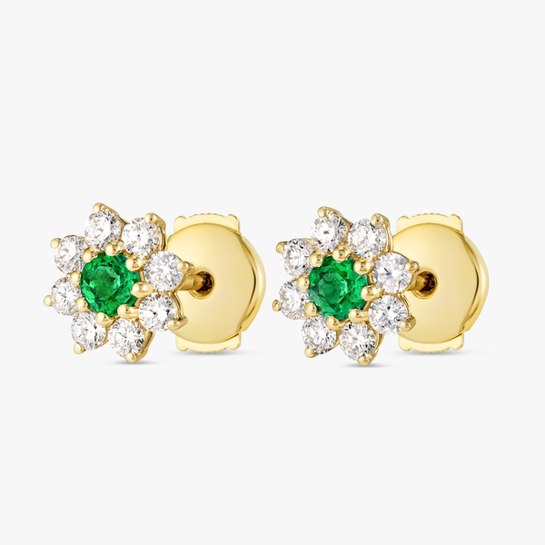 Colombian Emerald & Lab-Grown Diamond Flower Halo Earrings Yellow Gold