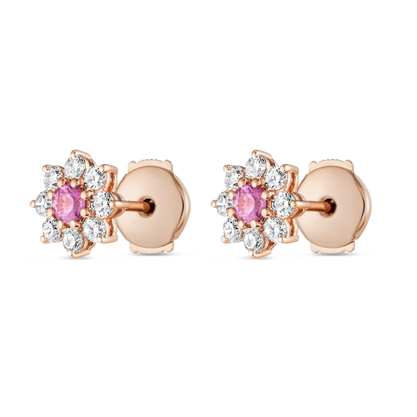 Natural Sri Lankan Pink Sapphires & Lab-Grown Diamond Halo Earrings Rose Gold