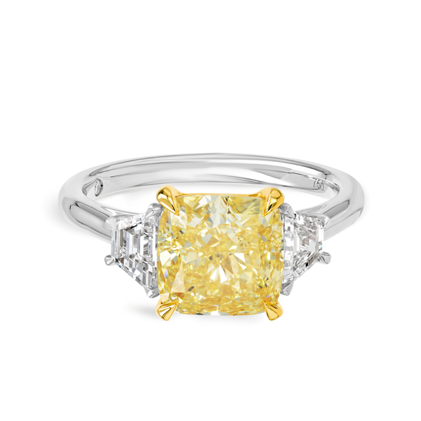 3 Carat Lab-Grown Fancy Yellow Cushion Trilogy With Side Trapezoids White Gold Ring