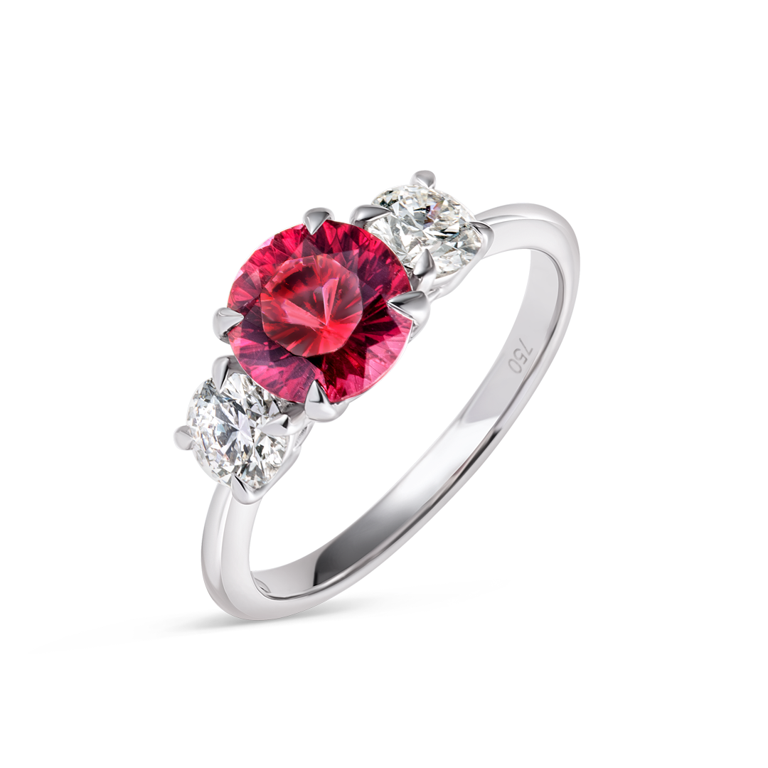 1.38ct Round Natural Red Spinel Trilogy Ring White Gold