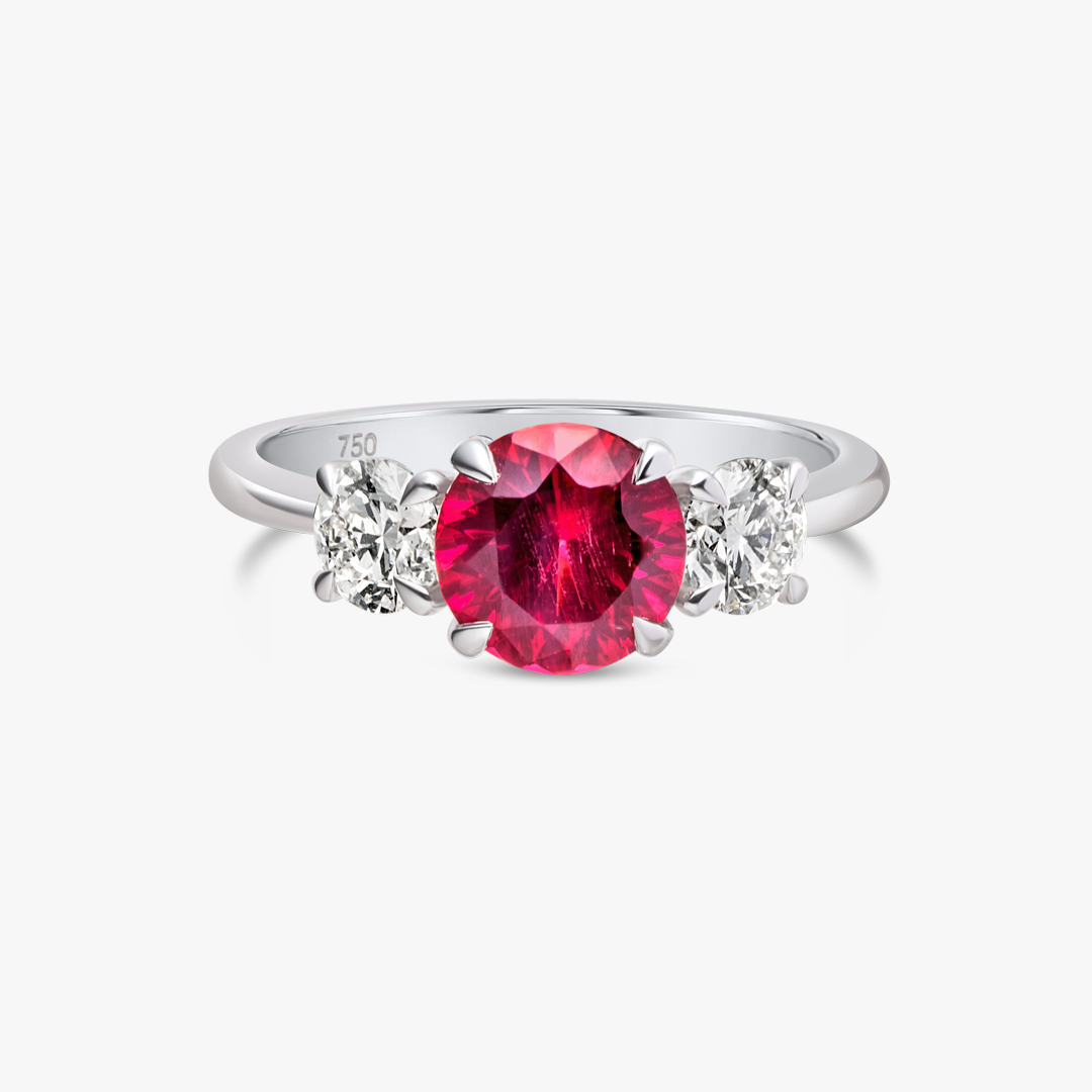 1.38ct Round Natural Red Spinel Trilogy Ring White Gold