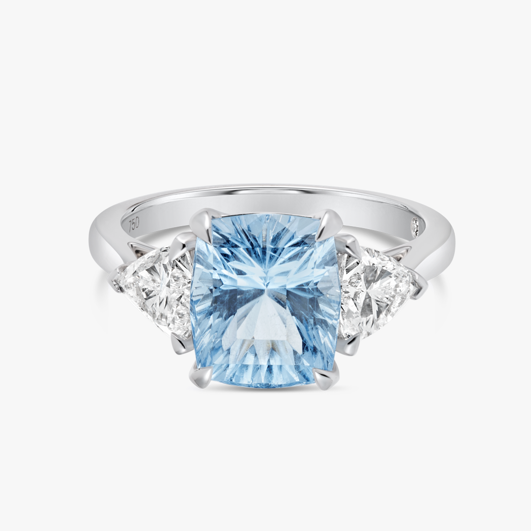 2.85ct Cushion Natural Blue Beryl Trilogy Ring White Gold
