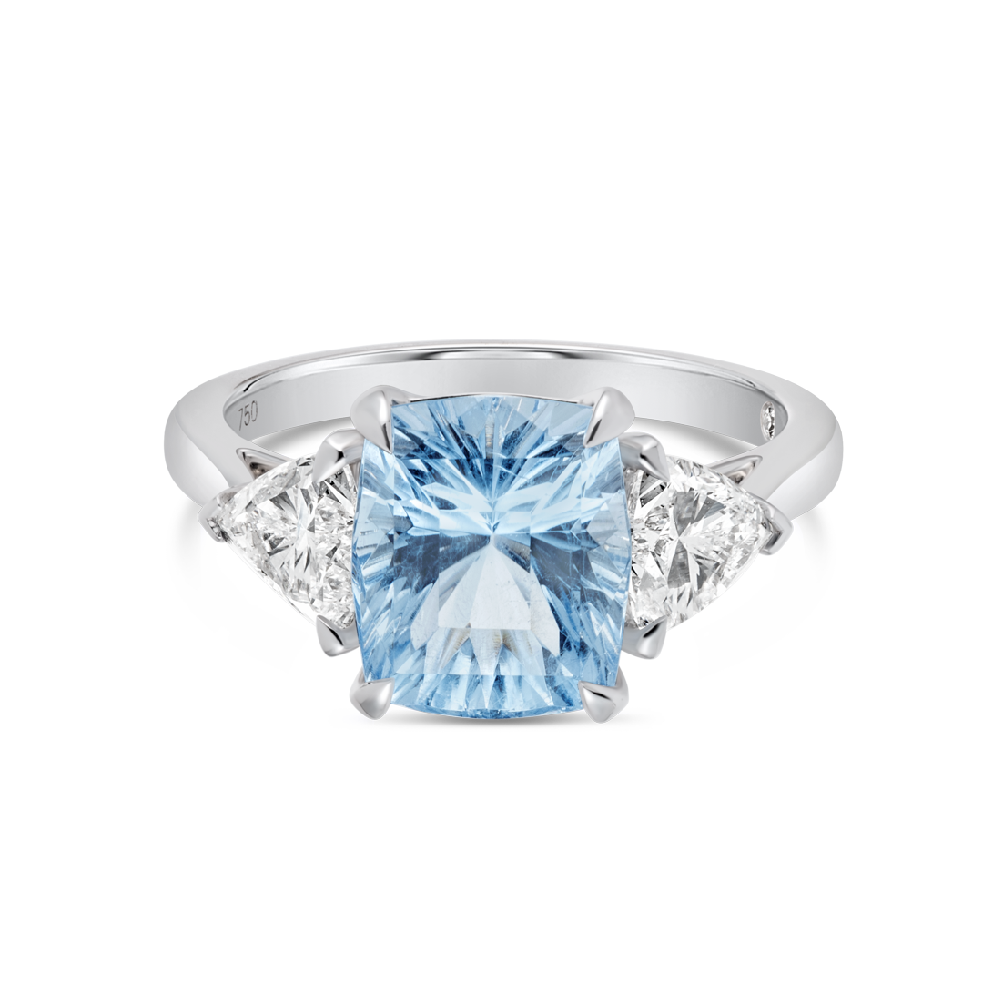 2.85ct Cushion Natural Blue Beryl Trilogy Ring White Gold
