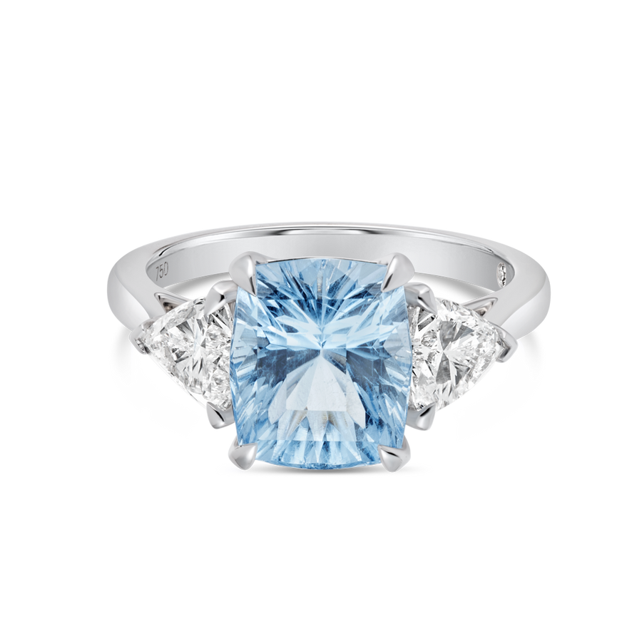 2.85ct Cushion Natural Blue Beryl Trilogy Ring White Gold