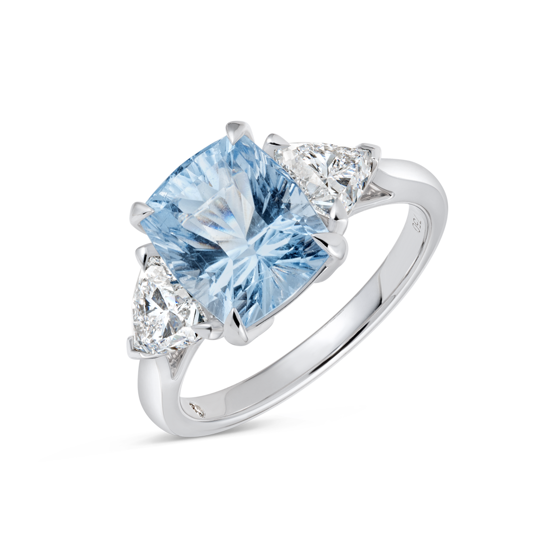 2.85ct Cushion Natural Blue Beryl Trilogy Ring White Gold