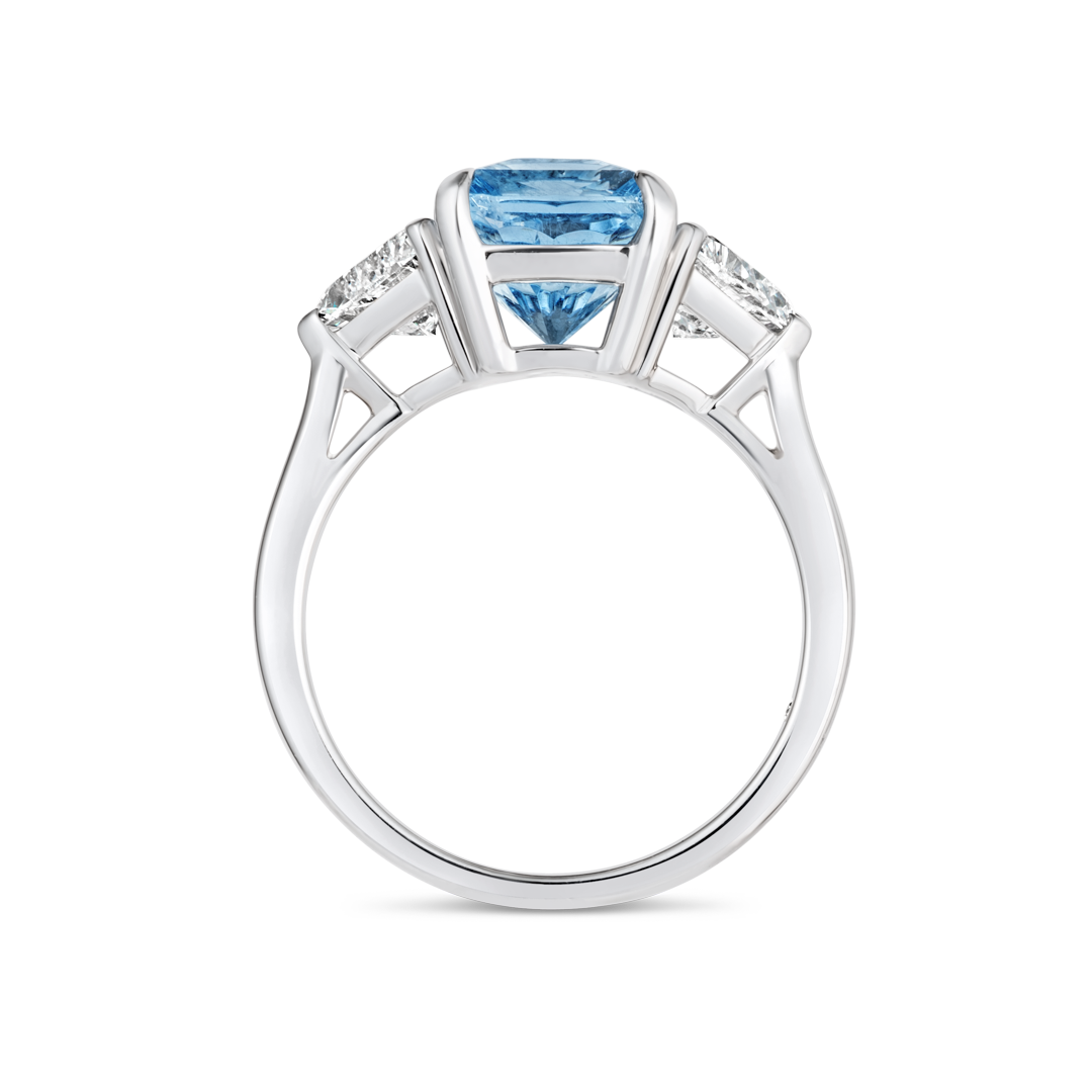 2.85ct Cushion Natural Blue Beryl Trilogy Ring White Gold
