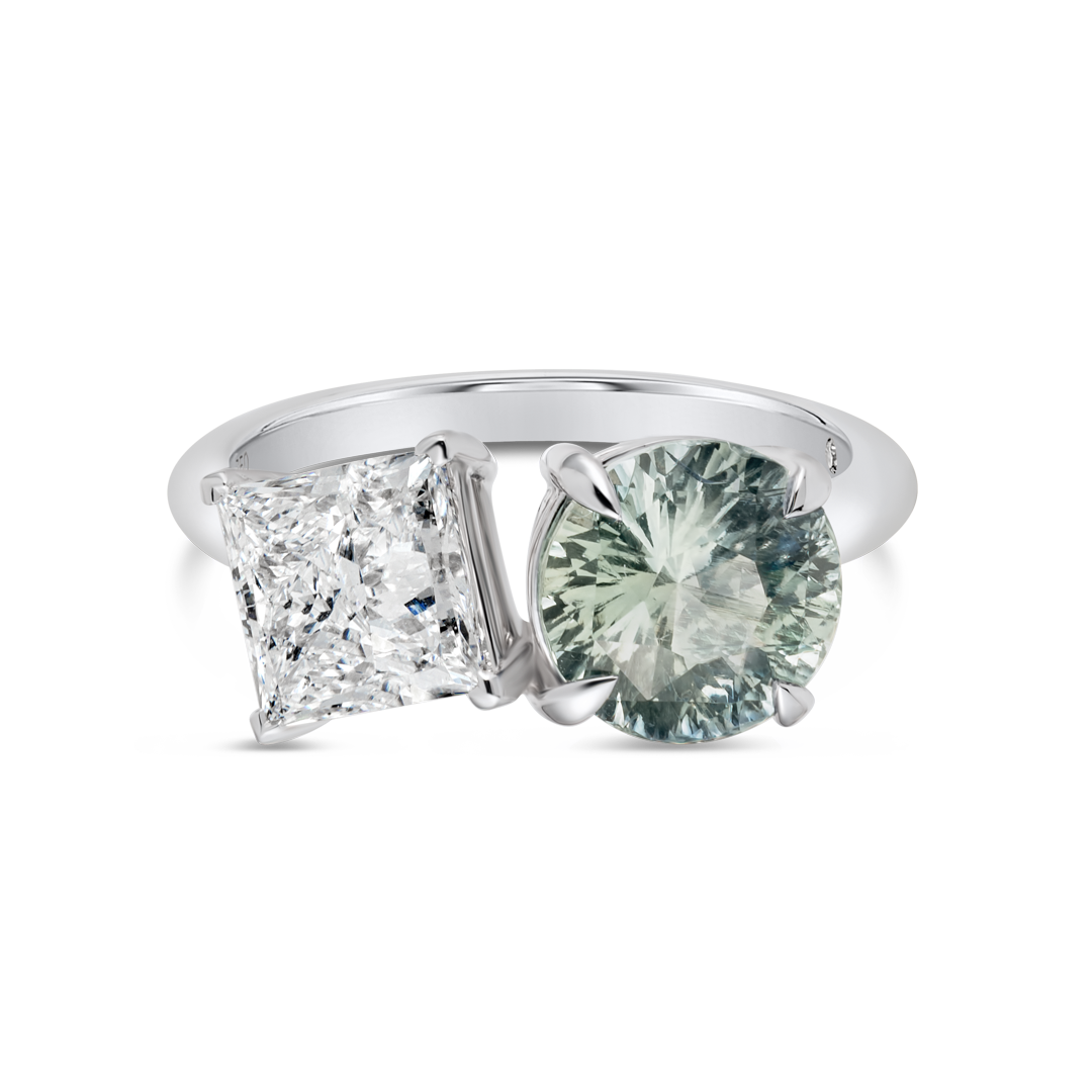 2.37ct Round Natural Green Sapphire Toi n Moi Ring White Gold