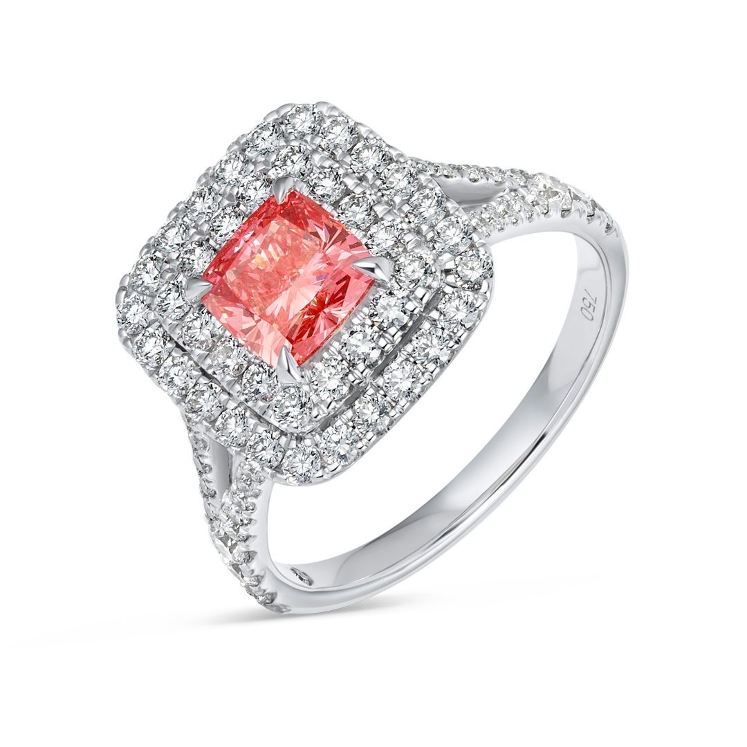 1.01ct Cushion Lab-Grown Pink Diamond Double Halo Ring White Gold