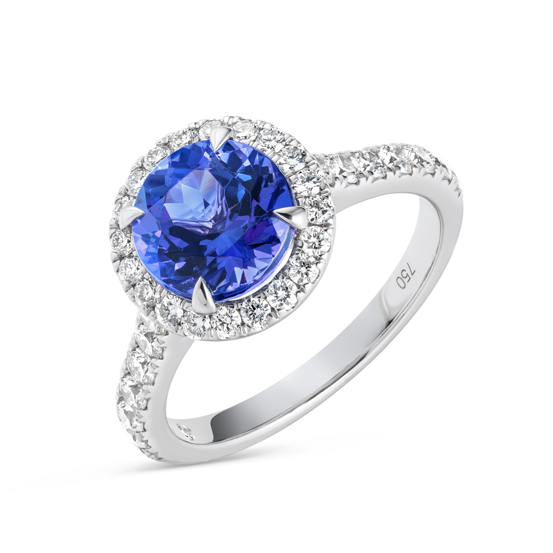 2.18ct Round Natural Tanzanite Halo Ring White Gold