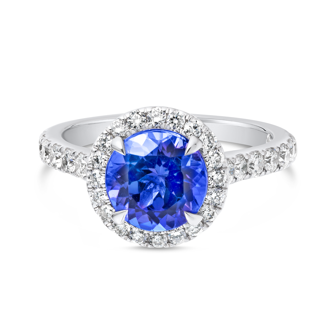 2.18ct Round Natural Tanzanite Halo Ring White Gold