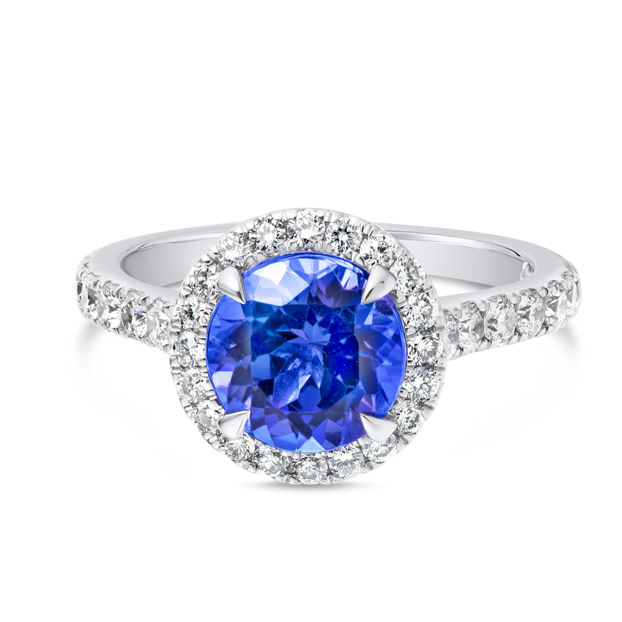2.18ct Round Natural Tanzanite Halo Ring White Gold