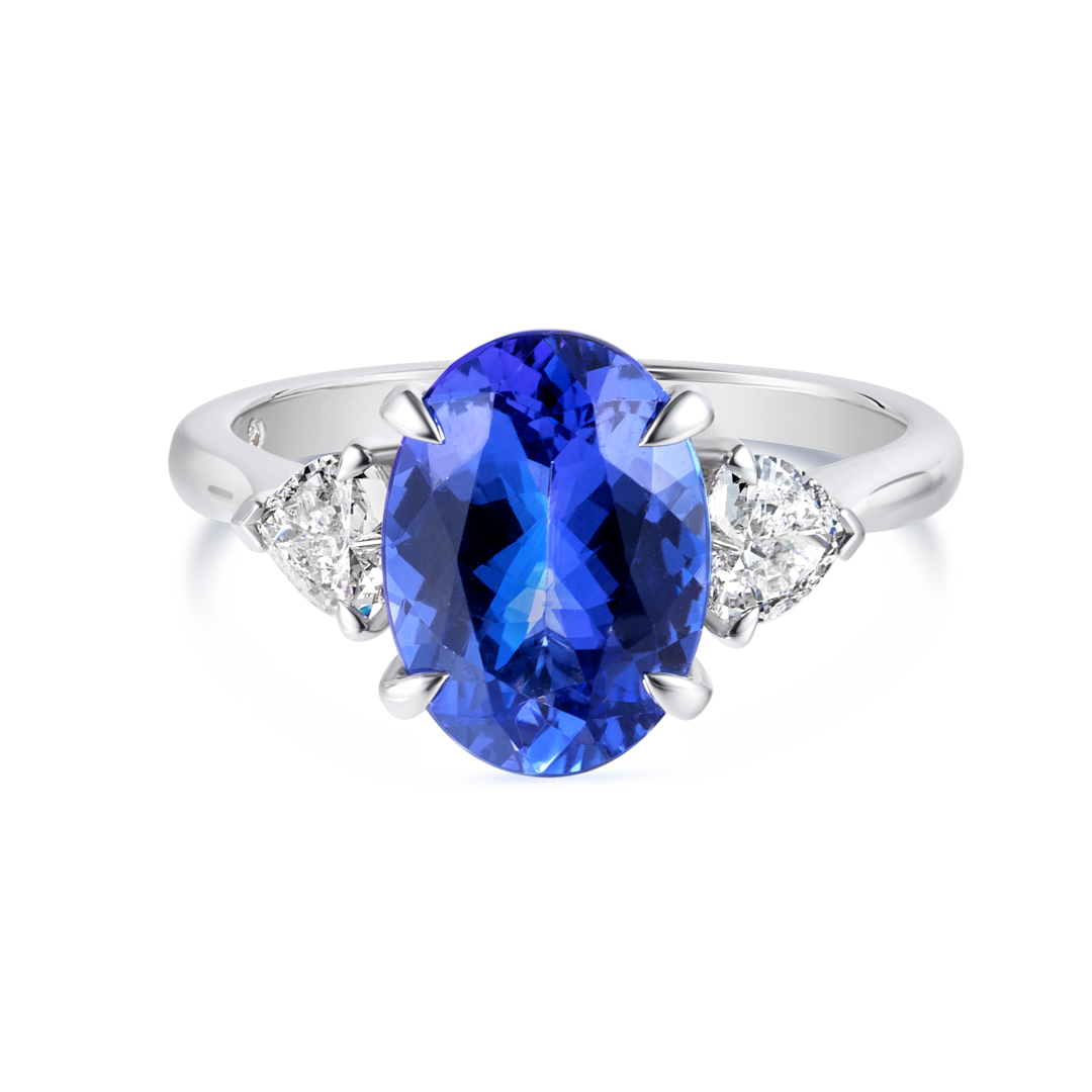 3ct Oval Natural Tanzanite Trilogy Ring White Gold