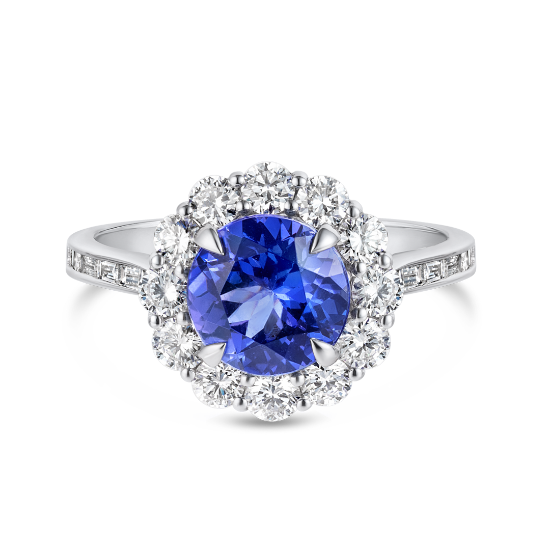 2.23ct Round Natural Tanzanite Halo Ring White Gold