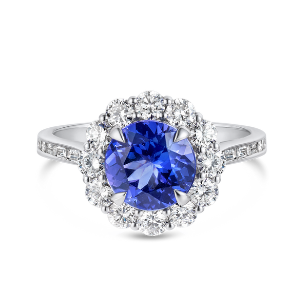 2.23ct Round Natural Tanzanite Halo Ring White Gold
