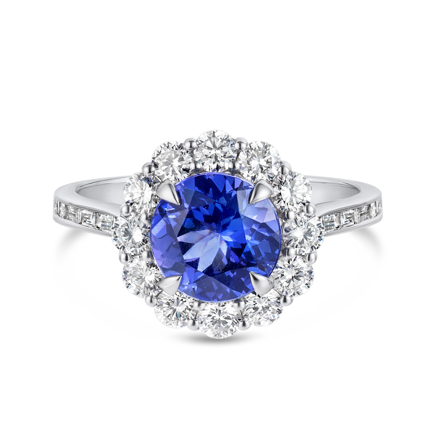 2.23ct Round Natural Tanzanite Halo Ring White Gold