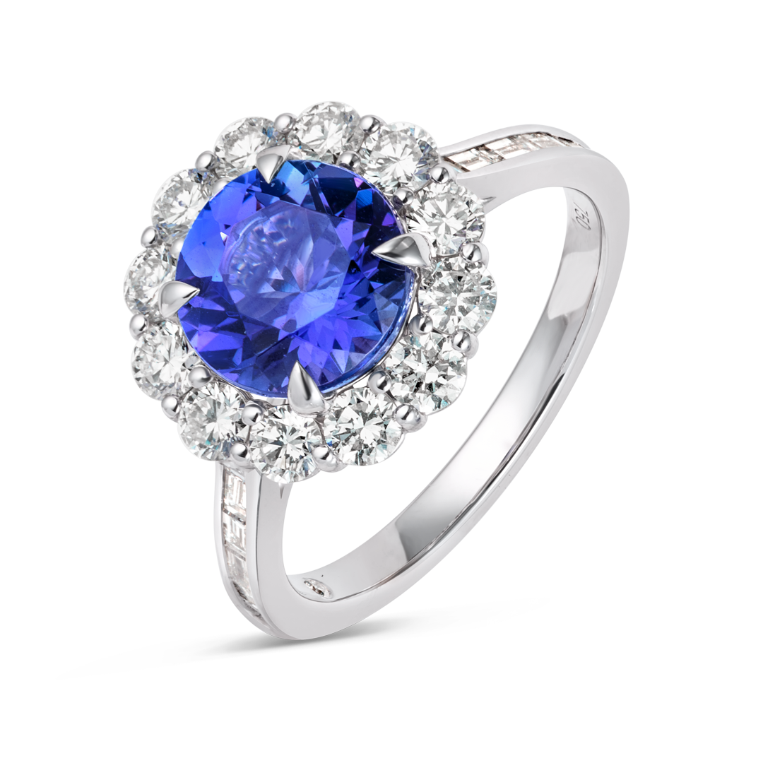 2.23ct Round Natural Tanzanite Halo Ring White Gold