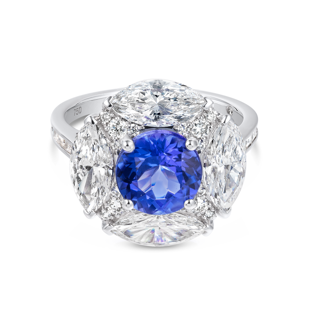 2.5ct Round Natural Tanzanite Marquise Halo Ring White Gold