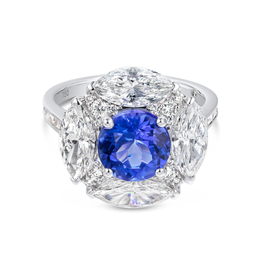 2.5ct Round Natural Tanzanite Marquise Halo Ring White Gold