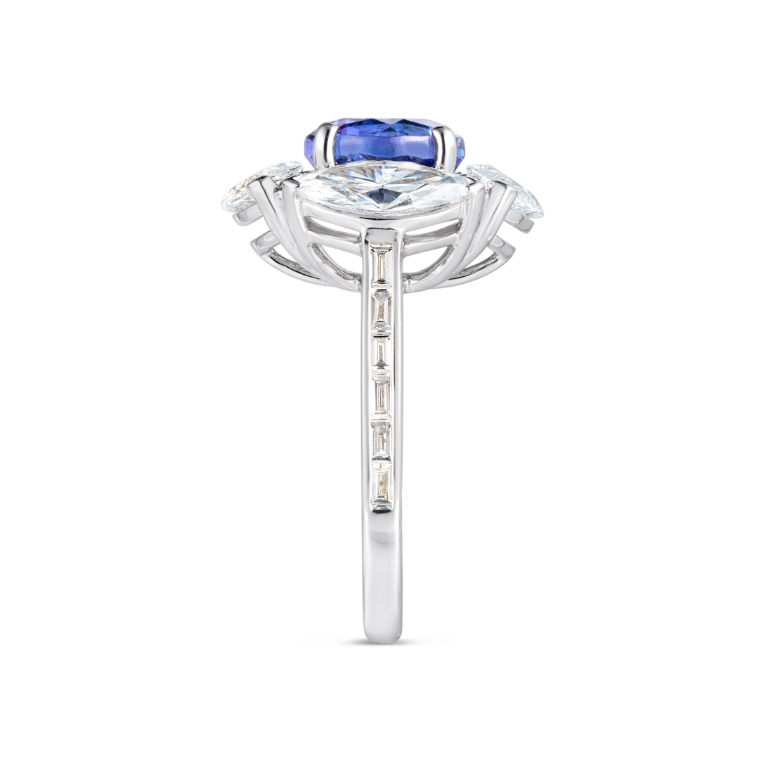 2.5ct Round Natural Tanzanite Marquise Halo Ring White Gold