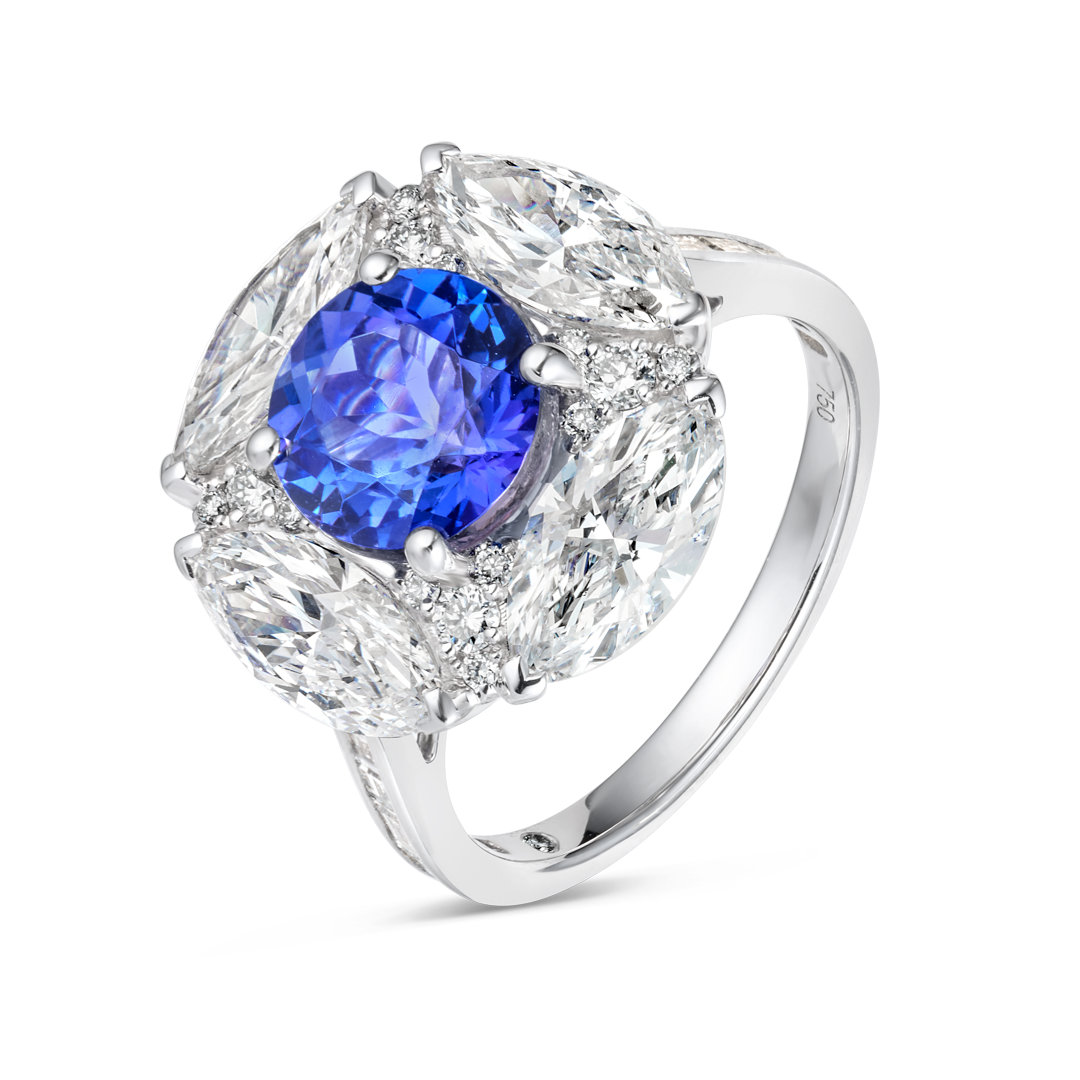 2.5ct Round Natural Tanzanite Marquise Halo Ring White Gold